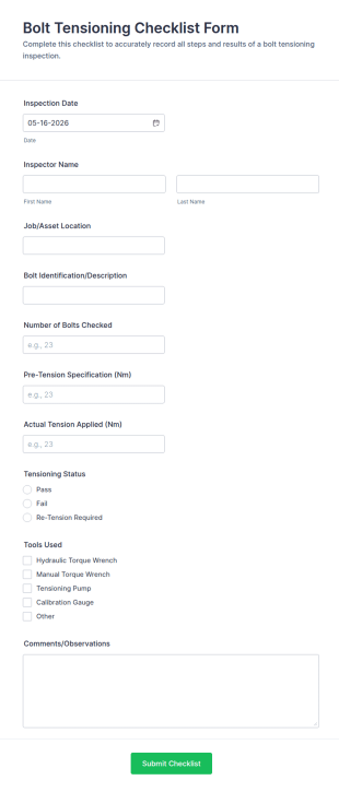 Bolt Tensioning Checklist Form Template