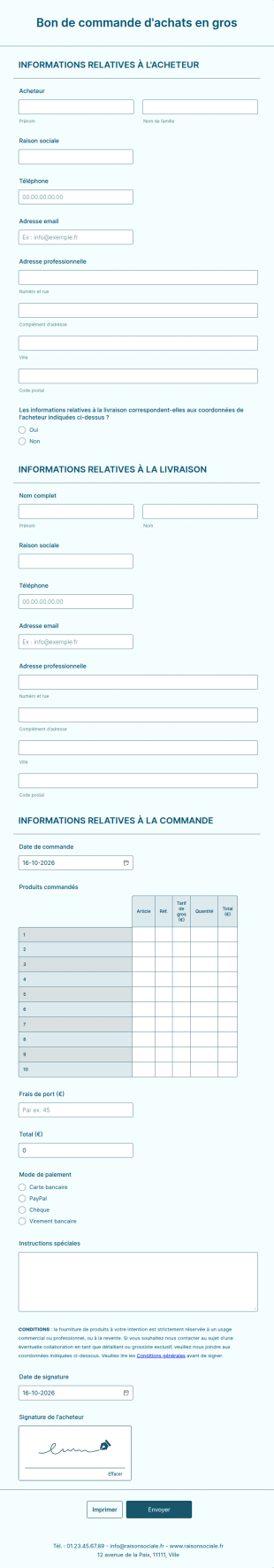 Bon De Commande D'achats En Gros