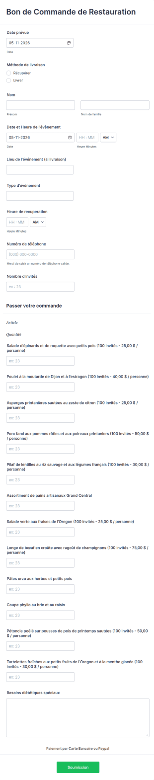Bon De Commande De Restauration
