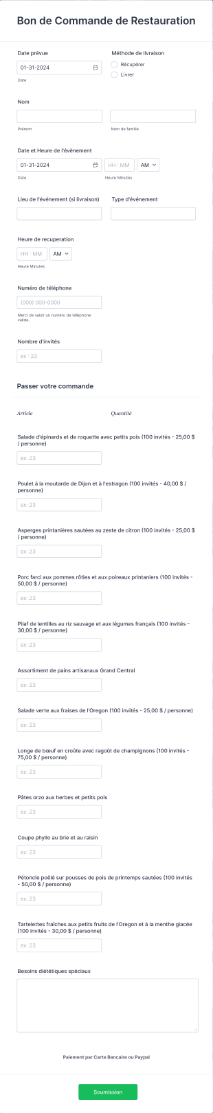 Bon De Commande De Restauration