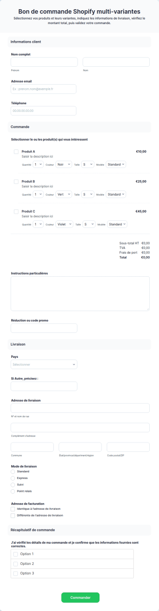 Bon De Commande Shopify Multi Variantes