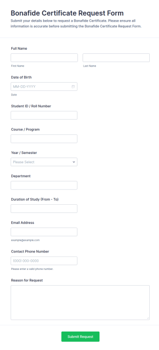 Bonafide Certificate Request Form Template