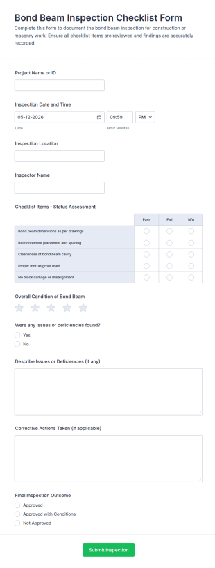 Bond Beam Inspection Checklist Form Template