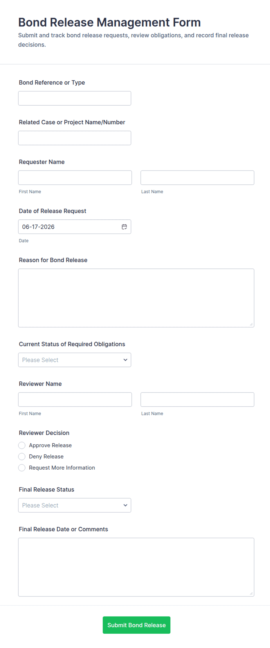 Single Risk Template Bond Bond Release Management Form Template | Jotform