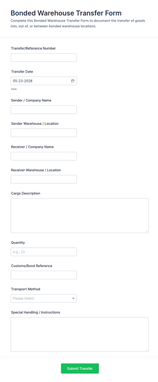 Bonded Warehouse Transfer Form Template