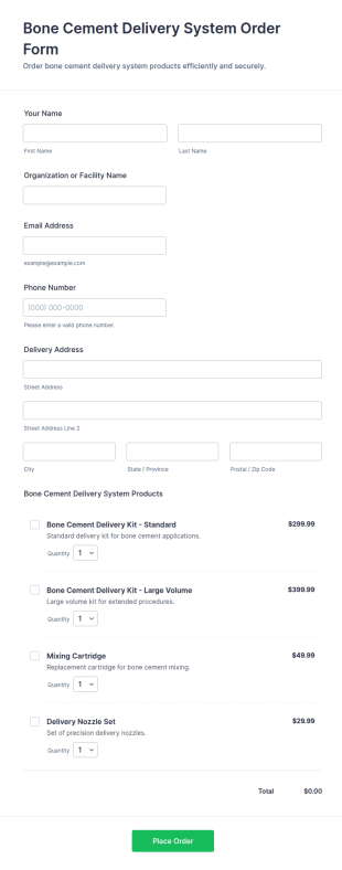 Bone Cement Delivery System Order Form Template
