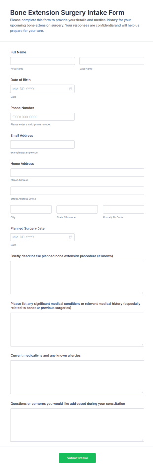 Bone Extension Surgery Intake Form Template