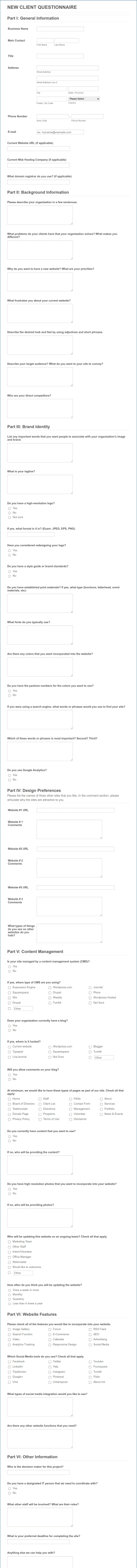 Website Client Requirement Intake Form Template