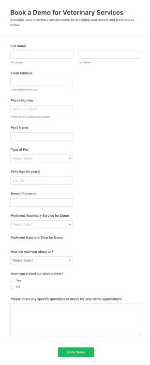 Book A Demo For Veterinary Services Form Template