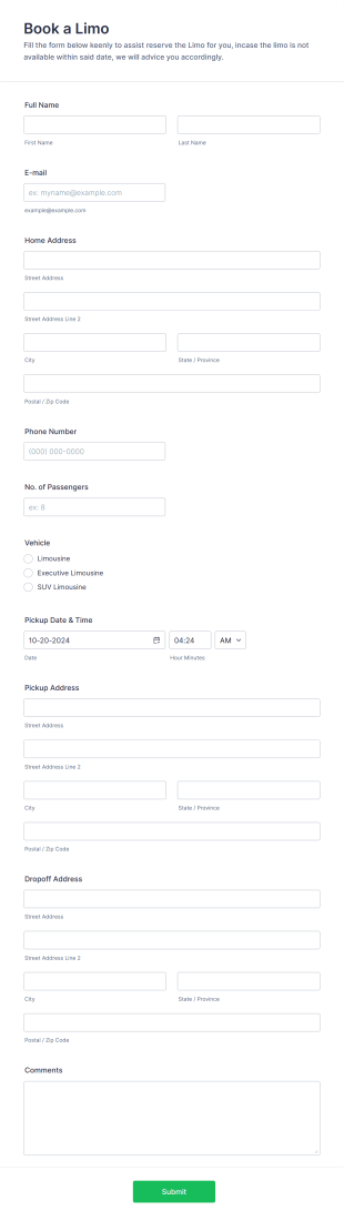 Book A Limo Form Template