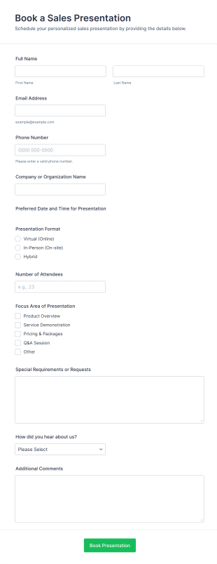 Book A Sales Presentation Form Template