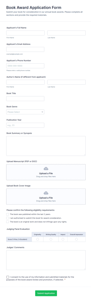 Book Award Application Form Template
