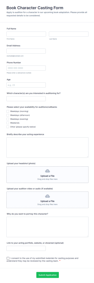 Book Character Casting Form Template
