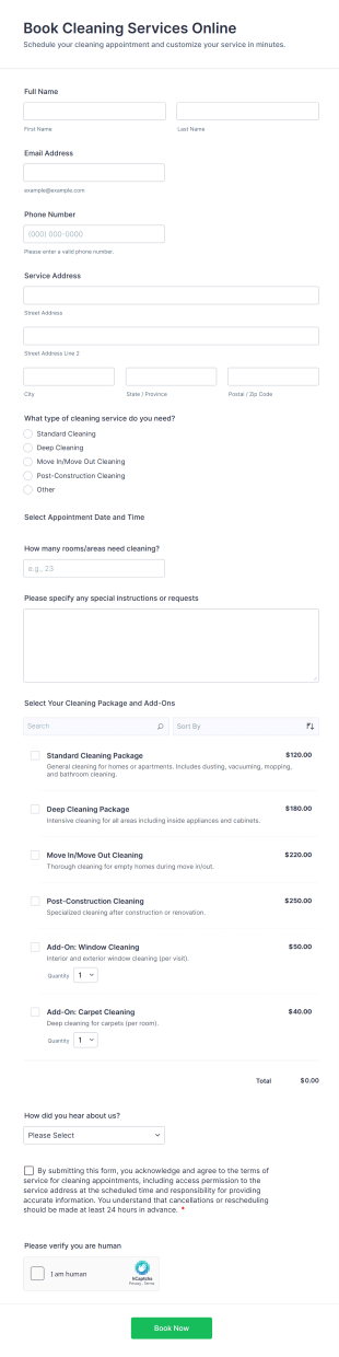 Book Cleaning Services Online Form Template