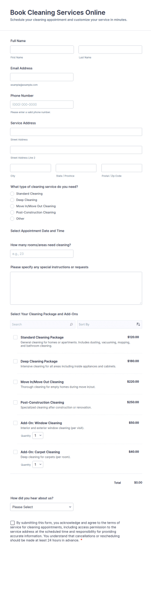 Book Cleaning Services Online Form Template