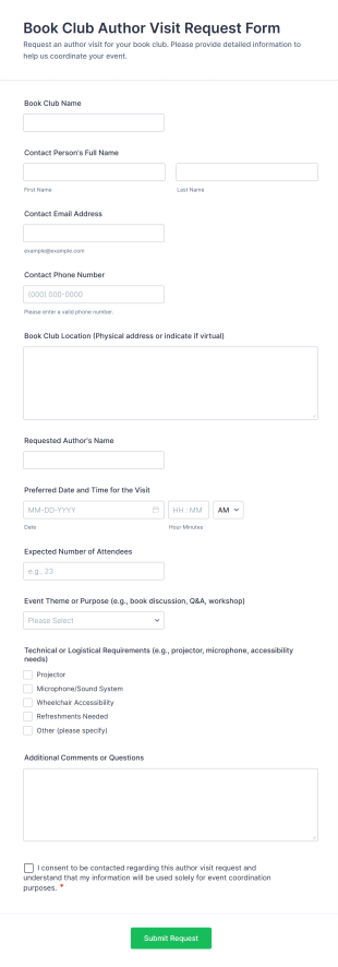 Book Club Author Visit Request Form Template