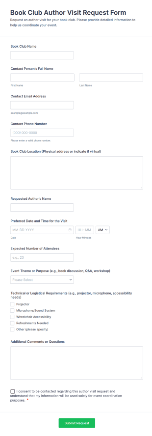 Book Club Author Visit Request Form Template