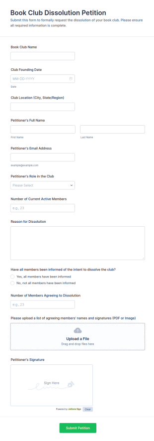 Book Club Dissolution Petition Form Template