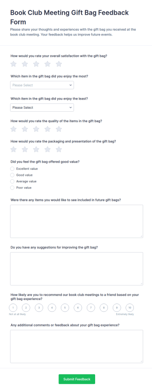 Book Club Meeting Gift Bag Feedback Form Template