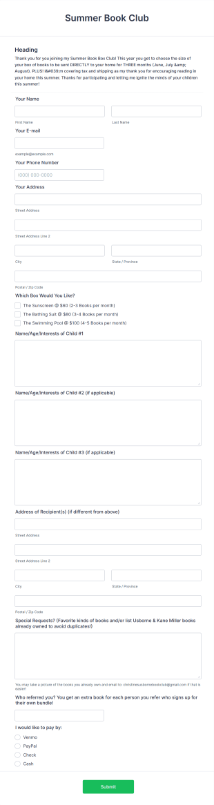 Book Club Membership Form Template