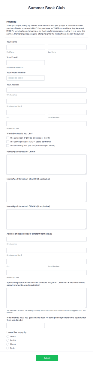Book Club Membership Form Template