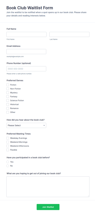 Book Club Waitlist Form Template