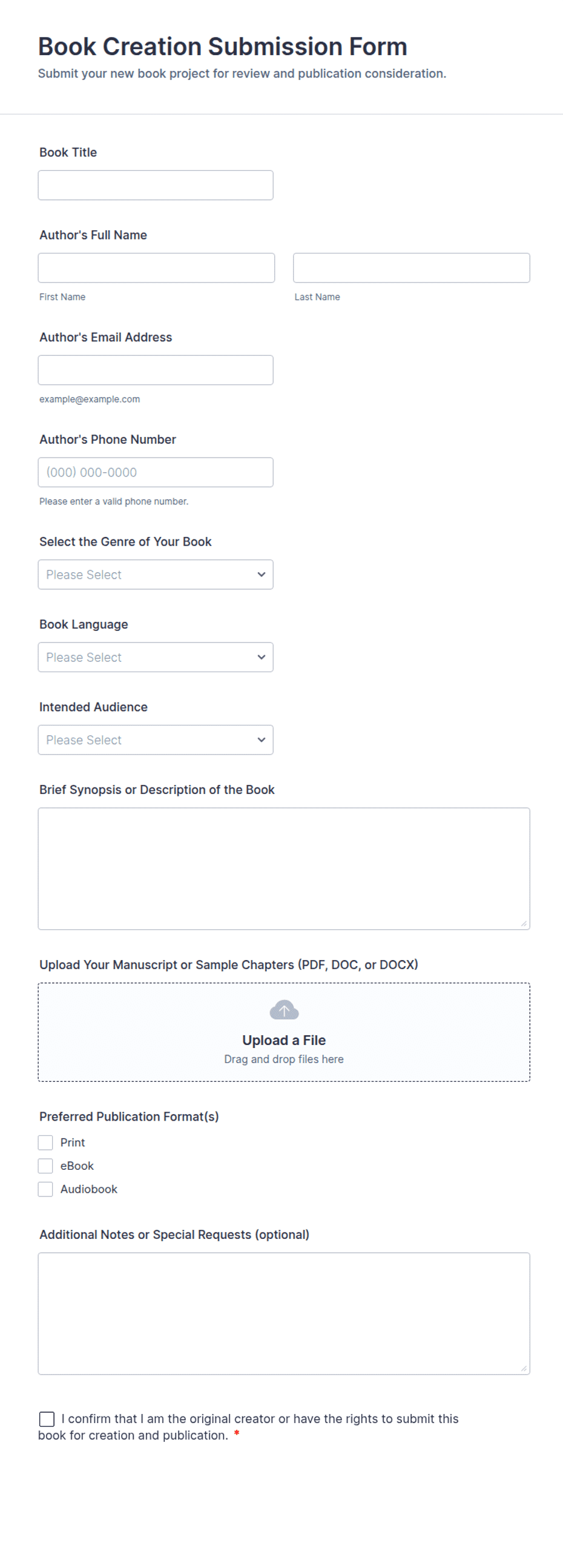 Insert Book Form Example Book Creation Submission Form Template | Jotform