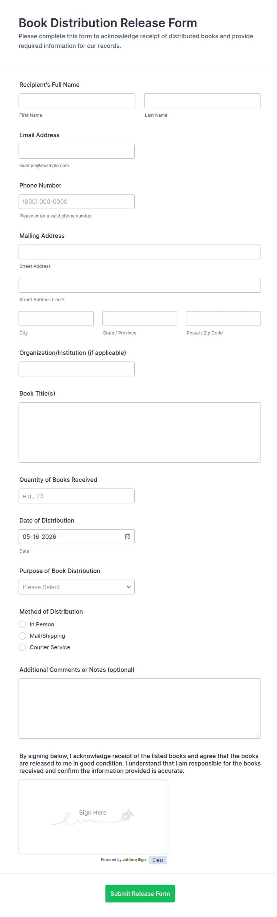 Book Distribution Release Form Template | Jotform