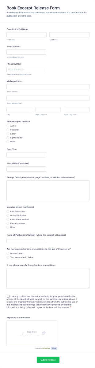 Book Excerpt Release Form Template