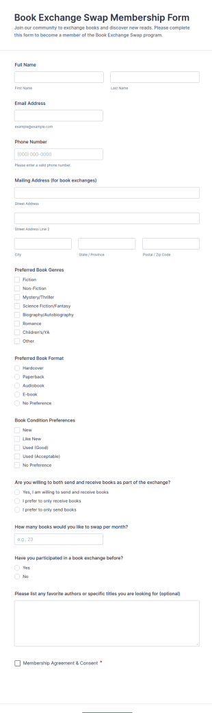 Book Exchange Swap Membership Form Template