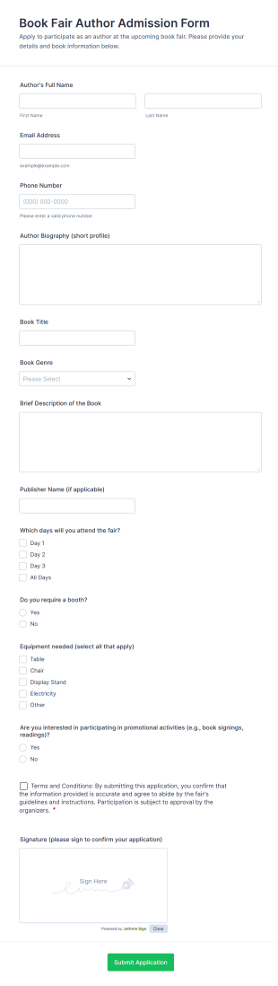 Book Fair Author Admission Form Template