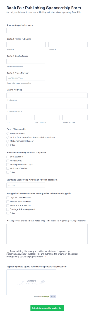 Book Fair Publishing Sponsorship Form Template