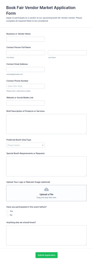 Book Fair Vendor Market Application Form Template