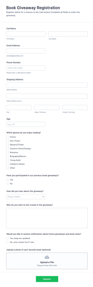 Book Giveaway Registration Form Template