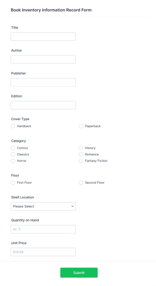 Book Inventory Information Record Form Template