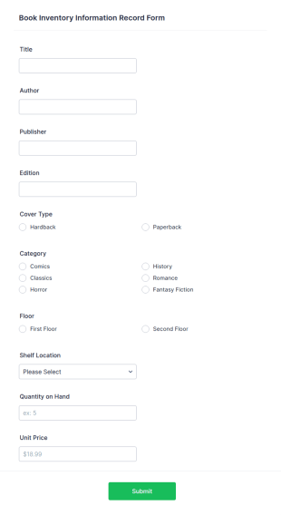 Book Inventory Information Record Form Template