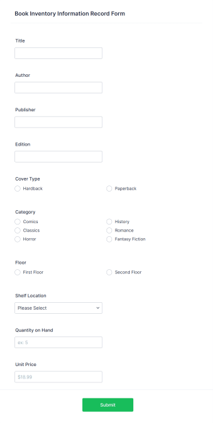 Book Inventory Information Record Form Template