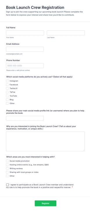 Book Launch Crew Registration Form Template