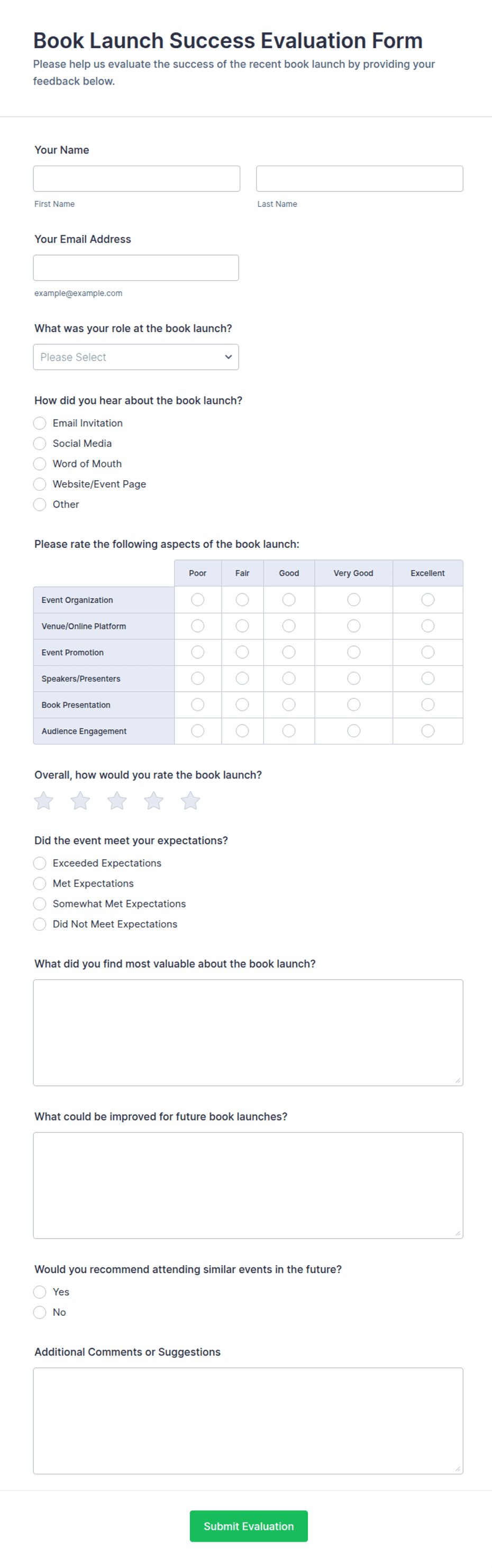 Book Launch Success Evaluation Form Template | Jotform