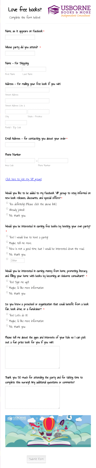 Book Party Signup Form Template