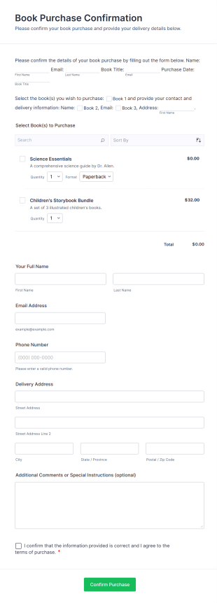 Book Purchase Confirmation Form Template