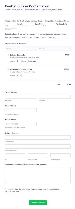 Book Purchase Confirmation Form Template
