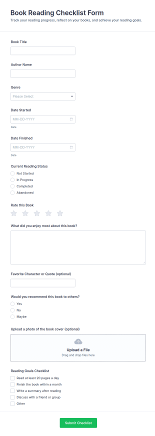 Book Reading Checklist Form Template