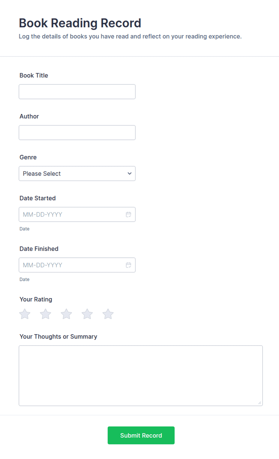 Reading Register Example Book Reading Record Form Template | Jotform