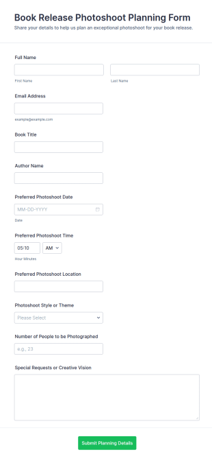 Book Release Photoshoot Planning Form Template
