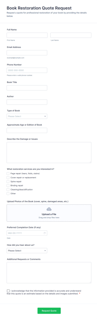 Book Restoration Quote Request Form Template