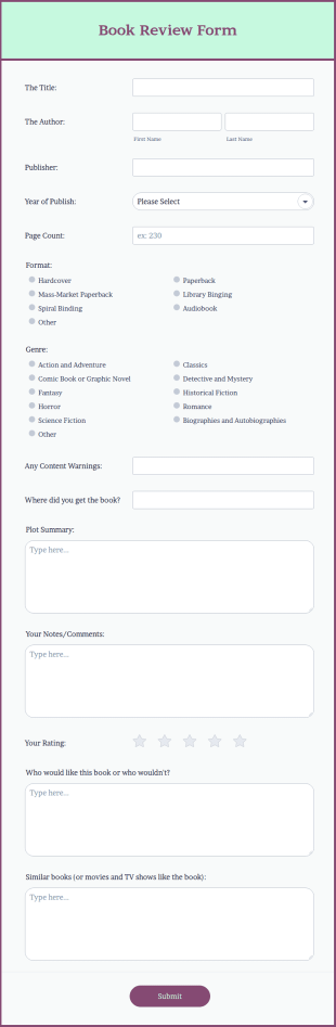 Book Review Form Template