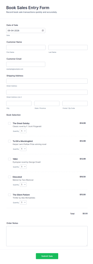 Book Sales Entry Form Template