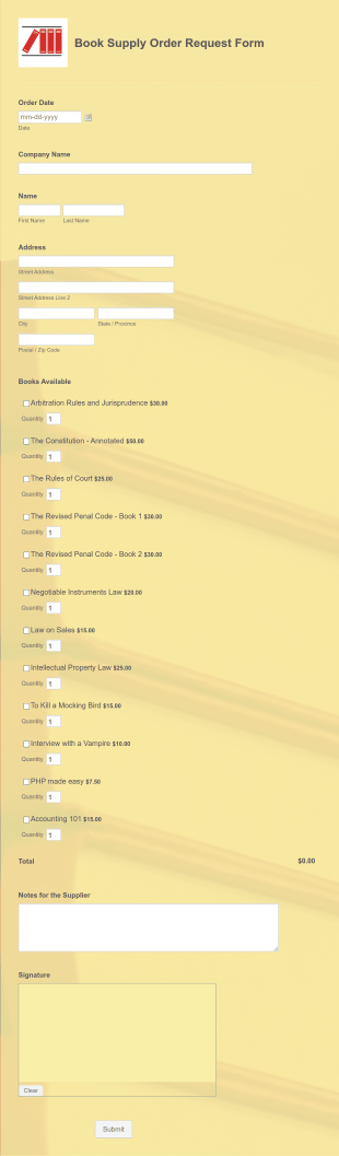 Book Supply Order Request Form Template
