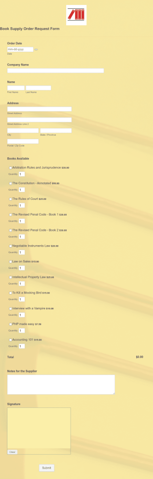 Book Supply Order Request Form Template
